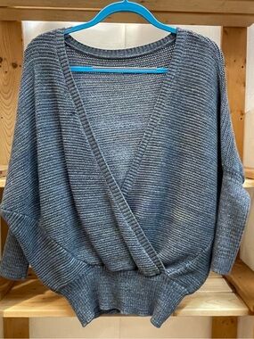 PrAna Coronet Charcoal Blue Gray V-Neck Wrap Sweater Knit Open Wrap Reversible